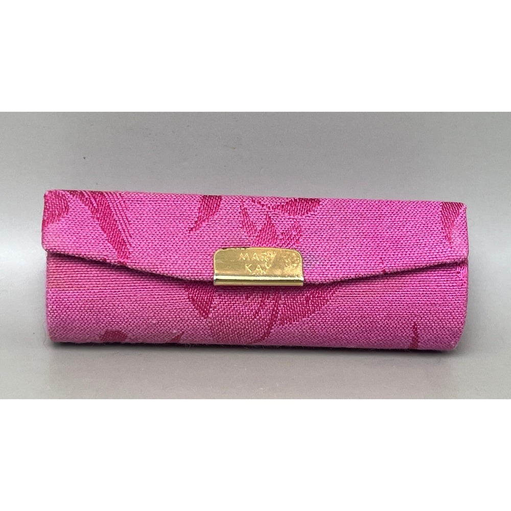 Mary Kay‎ Pink Floral Fabric Lipstick Case Mirror Gold Tone Hardware 3.5" Vtg